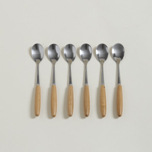 SET X 6 CUCHARAS DE ACERO MANGO DE MADERA 16 CM