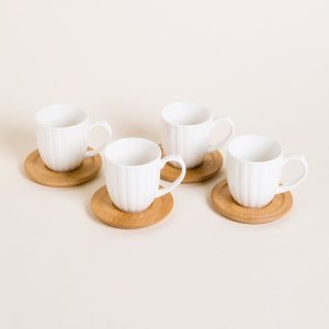SET X 4 TAZAS DE PORCELANA BLANCA RAYADAS PLATO DE BAMBOO 160ML