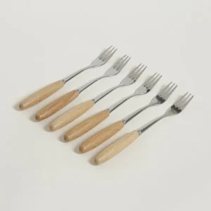 SET X 6 TENEDORES DE ACERO MANGO DE MADERA 17CM